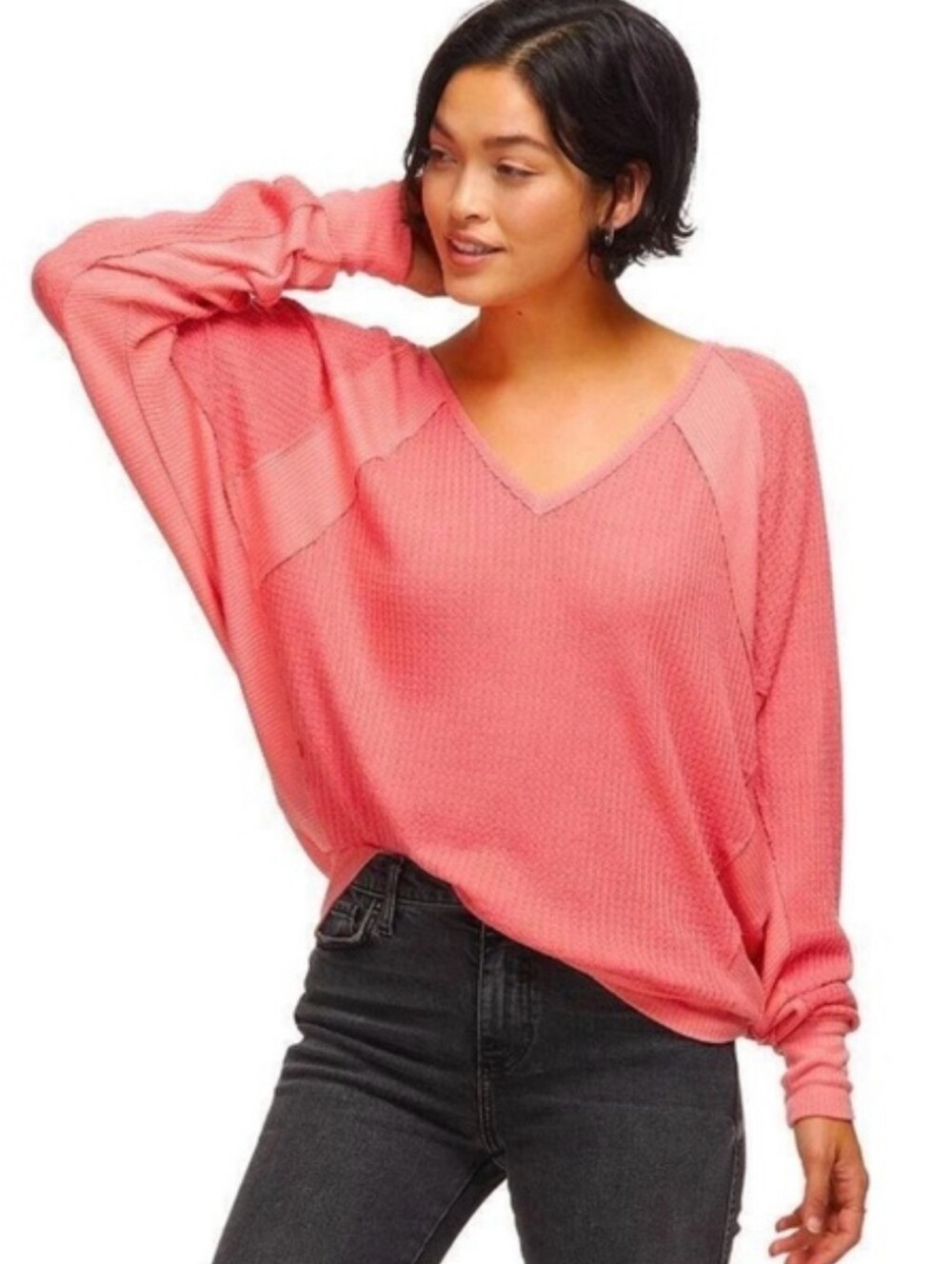 We The Free Coral Santa Clara V-Neck Slouchy Top Boho Cozy Casual Oversized Lrg - Picture 2 of 9